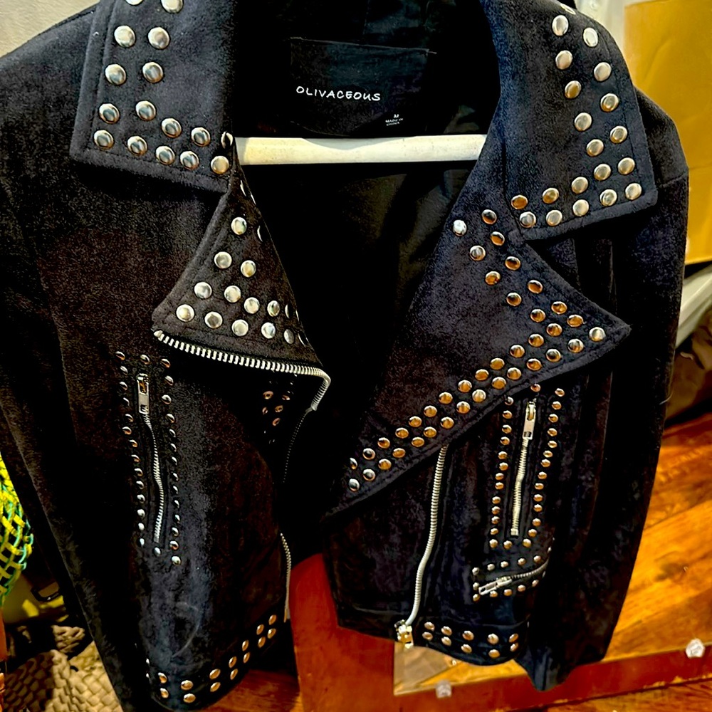 Olivaceous faux black suede studded jacket size Medium